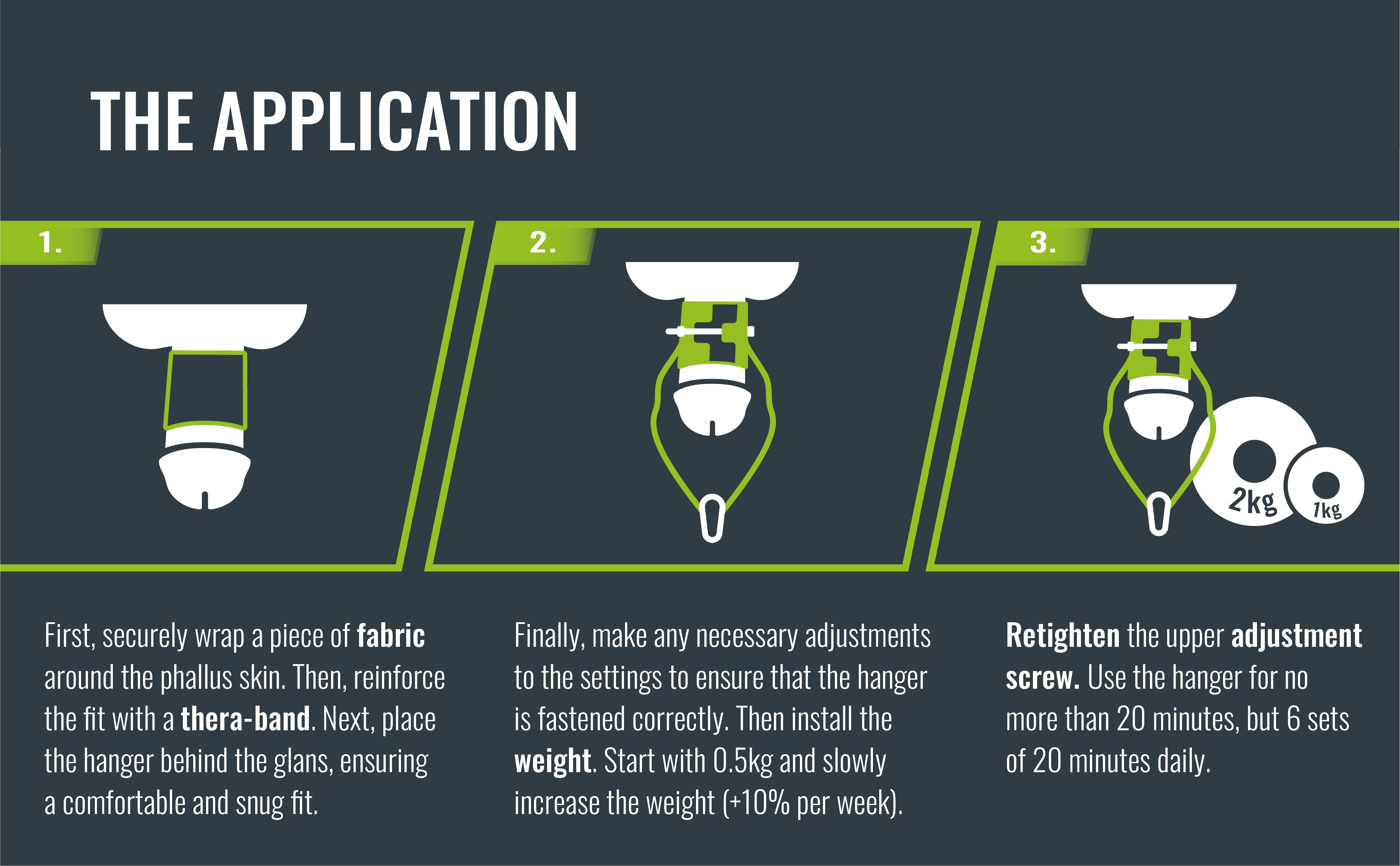 EASY TO USE: On a cloth and theraband, the penis extender is installed with the adjustment screws and weight. Then hang straight down from the edge of a chair in the supine position