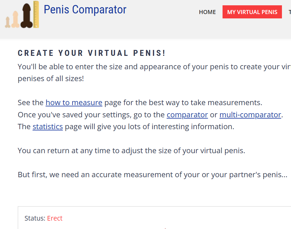 Digital penis size comparator tool displaying measurement input fields and visualization options